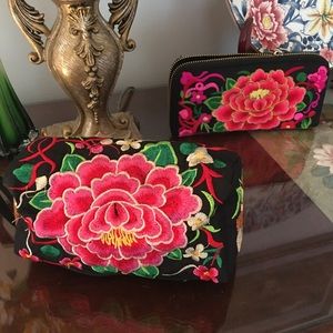 2 Peony flower red embroidered black clutch wallet